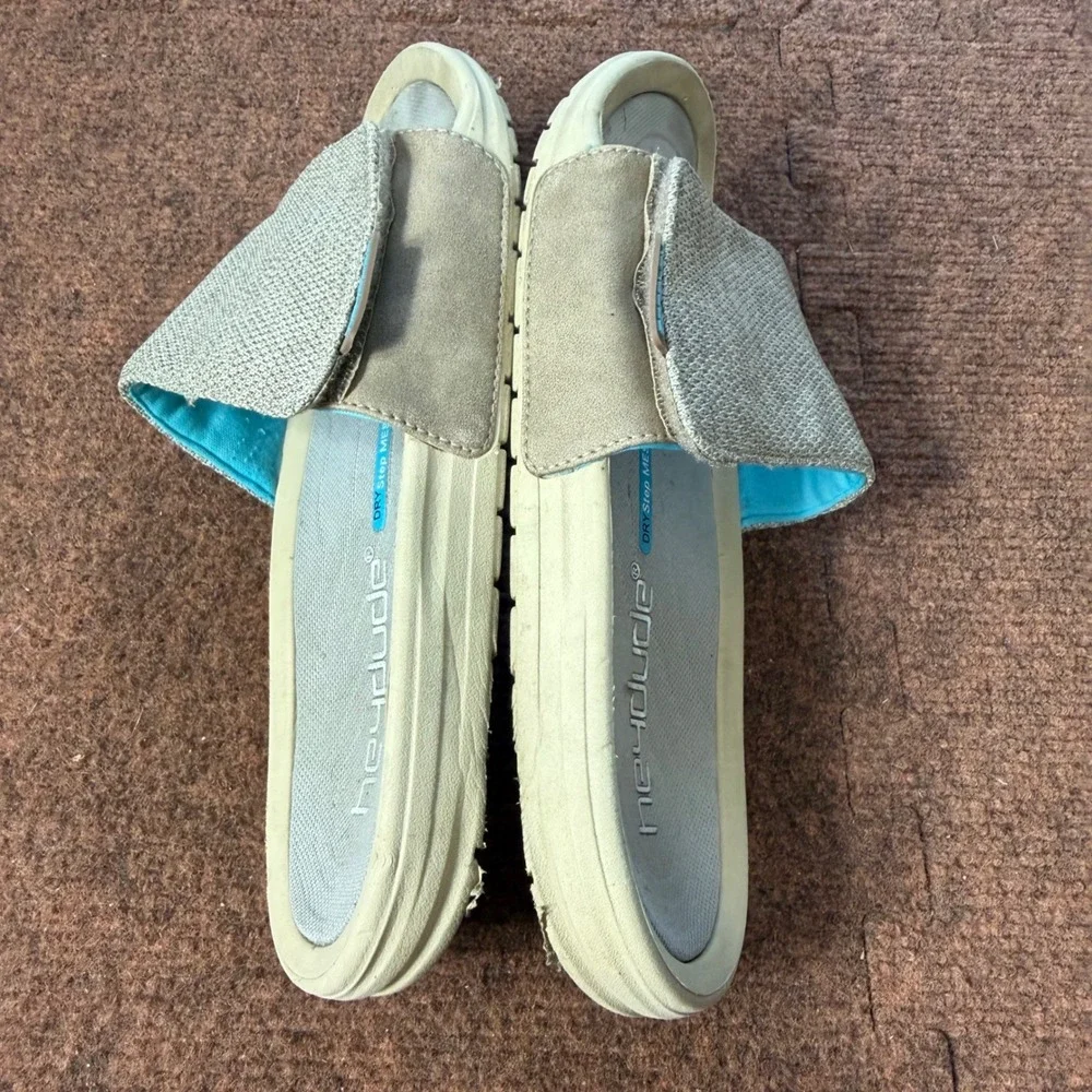 gently used Hey Dude Milo Dry Step Mesh Slides Mens Tan Teal Sandals Size 10